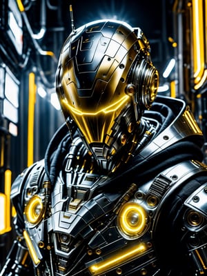 (RAW photo, best quality), (realistic, photo-Realistic),the body of a man being simulated in Black silver and gold high-tech hood and body, Eyes open and yellow neon eyes, in the style of cyberpunk imagery, mechanical designs, algorithmic artistry, 32k uhd, chrome-plated, enigmatic,Movie Still,cyberpunk style,ROBOT