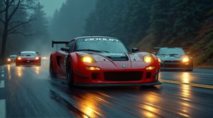 Race cars in a high speed street race (best quality,4k,8k,highres,masterpiece:1.2),ultra-detailed, ((a customized car)), ((street racer)), ((a beautiful paintjob)), ((fully detailed)), illustration, vivid colors, 2024 custom RX 7 Drifting, going fast, night, bright yellow headlights, setting USA Oregon's Mountain roads, No text on signs, Late night time, Set in a rain storm with lightning,1 car, Nature, model shoot style, Fast action style, Sideways drifting in to a turn, Red and black cars,