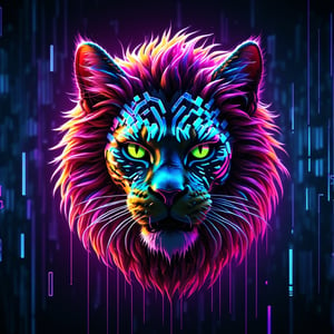 (((text "Mad Cat"))), neon mad lion face, Neon multy colored matrix code falling from the top in the background, intelligence concepts HD wallpaper,