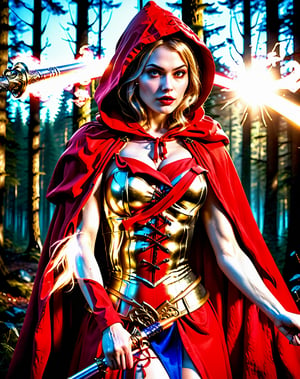 extremely beautiful red riding hood, subtle makeup, golden hour, photorealistic, high contrast, 8k HD, detailed, hyper-detailed, realistic skin texture, covered with red hood, big breast, best quality, ultra high res, raw photo, dramatic lighting, unreal engine, diffuse glow, intricate red hood, outdoor, realistic detailed dark forest, holding light saber