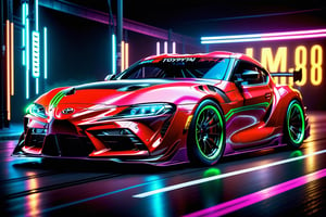 (masterpiece, best quality, ultra-detailed, 8K),toyota supra 2023 model, race car, street racing-inspired,Drifting inspired, LED, ((Twin headlights)), (((Bright neon color racing stripes))), (Black racing wheels), wide body kit, modified car,  racing livery, masterpiece, best quality, realistic, ultra highres, (((depth of field))), (full dual colour neon lights:1.2), (hard dual colour lighting:1.4), (detailed background), (masterpiece:1.2), (ultra detailed), (best quality), intricate, comprehensive cinematic, magical photography, (gradients), glossy,aesthetic,intricate, realistic,cinematic lighting, Neon Paint,cyberpunk style,c_car,aicc