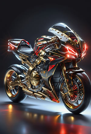 Masterpiece, ultra-definition, super detailed, perfect drawing, 1  transparent SPORT race motocycle with headlight on white lights , Colored black carbonfiber, gold and red, Industrial design, clean, Luminous neon lit,  race track  background, Surrealism, UHD, high details, best quality, 2K