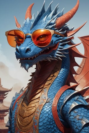 poster of a blue dragon with sunglasses, in the style of orient-inspired, post-apocalyptic surrealism, light orange and red, 32k uhd, chinapunk, meticulous design, detailed costumes 