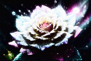  Graffiti style, Neon rich colors, a galaxy rose with a galaxy on each rose transluent petal, shining starlight, spacey nebula  background, Dark background,Extreme Detail,UHD,8K,water droplets on rose petal,Flora,glitter