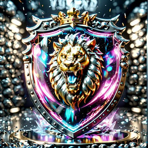 high detail, high quality, 8K Ultra HD, high quality, 8K Ultra HD, ln Family crest style, A neon mad golden lion face with sharp teeth in it's open mouth on a shield in silver with black highlights, holographic glass shiny style,DonMH010D15pl4yXL 