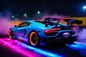  (masterpiece, best quality, ultra-detailed, 8K), race car, street racing-inspired,Drifting inspired, LED, ((Twin headlights)), (((Bright neon color racing stripes))), (Black racing wheels), Wheelspin showing motion, Show car in motion, Burnout,  wide body kit, modified car,  racing livery, masterpiece, best quality, realistic, ultra highres, (((depth of field))), (full dual colour neon lights:1.2), (hard dual color lighting:1.4), (detailed background), (masterpiece:1.2), (ultra detailed), (best quality), intricate, comprehensive cinematic, magical photography, (gradients), glossy, Night with galaxy sky, Fast action style, fire out of tail pipes, Sideways drifting in to a turn, Neon galaxy metalic paint with race stripes, GTR Nismo, NSX, Porsche, Lamborghini, Ferrari, Bugatti, Ariel Atom, BMW, Audi, Mazda, Toyota supra, Lamborghini Aventador,  aesthetic,intricate, realistic,cinematic lighting, Neon Paint, streaks of fire,c_car,more detail XL