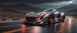 Ultra wide photorealistic image. Image created for the calendar. A luxury sports car., chrometech, futuristic Race car with wide body kit and raceing strip, Street racing other cars like it, White Pearlesent paint with sparkeling metal flakes, car racing down moutain roads at night in the rain, Lightning stars large Moon with a red tint, Surrealism, Realism, Hyperrealism, sparkle, cinematic lighting, reflection light, ray tracing, speed lines, motion lines, masterpiece, ccurate, textured skin, super detail, high details, best quality, award winning, highres, 4K, 8k, 16k