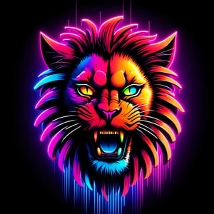 ((( Mad Cat TEXT))), neon mad lion face, Neon multy colored matrix code falling from the top in the background, chip, neon technology, technology concepts, intelligence concepts HD wallpaper,