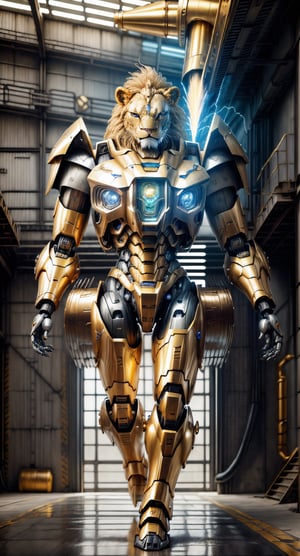 Animalrizz (Fishy trade) 10, masterpiece, highres, Absurd,photorealistic portrait, Parley_armature, Lion in Armor ,Wear Parley_armature, Massive futuristic armor, running, move, Rocket propulsion,((from the side)),bismuth4rmor,Golden Warrior Mecha