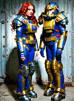(((Fullbody view))), photorealistic, high resolution, 2women, (detailed face), bright red hair, long hair, fallout vaultsuit pipboy 3000, blue suit, A full body photograph of a beautiful 20 year old wearing a blue and gold vault suit red hair standing next to a girl wearing a T60 power armor, Perfect Hands, perfect face,Power Armor,hubggirl
