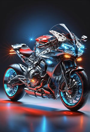 Masterpiece, ultra-definition, super detailed, perfect drawing, 1  transparent SPORT race motocycle with headlight on white lights , Colored blue, silver and black carbonfiber, Industrial design, clean, Luminous neon lit,  red background, Surrealism, UHD, high details, best quality, 2K