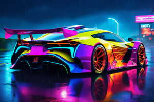 (digital artwork), EV Super car, wide body kit, modified car, racing livery, raining masterpiece, best quality, realistic, ultra highres, depth of field, (full dual colour neon lights:1.2), (hard dual colour lighting:1.4), (detailed background), (masterpiece:1.2), (ultra detailed), (best quality), intricate, comprehensive cinematic, magical photography, (gradients), colorful, detailed landscape, visual key,