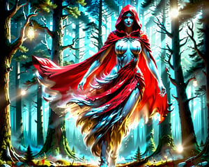 Red Riding Hood, big breasts, frontal, full-length, looking at the camera, facing the audience, standing pose, forest background, three-dimensional light, detailed full-body concept, sleek digital concept art, beautiful full-body concept art, art trend, CGsociety full-length,