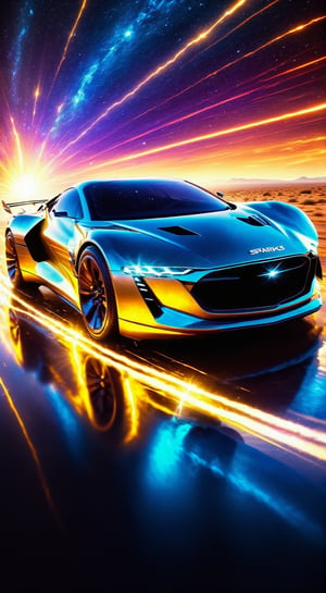 a sci-fi sportscar passing by, light speed, flash, motion trail, a shining star(sun) in the background, motion blur, epic visual effects, interstellar, flow, detailed, scifi, star blast, dark vibrant colors, cosmic art, stars in background, cinematic scene, lens flare, god rays, glow, art of Doug Chiang and John Park glowneon, glowing, sparks, lightning, ultra detailed dramatic lighting  ,highly detailed, vibrant colors , 8k, sharp, professional, clear, high contrast, high saturated,FuturEvoLabFlame