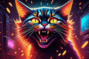In a dimly lit, futuristic lab setting, a Mad Cat with glowing red-orange-yellow eyes squints and opens its mouth, revealing sharp teeth. The background is ablaze with vibrant, swirling neon code, resembling a 3D matrix falling from above. In the forefront, a sleek chip or sphere represents advanced technology and intelligence concepts, bathed in an otherworldly glow.