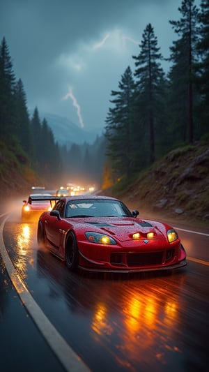 Race cars in a high speed street race (best quality,4k,8k,highres,masterpiece:1.2),ultra-detailed, ((a customized car)), ((street racer)), ((a beautiful paintjob)), ((fully detailed)), illustration, vivid colors, 2024 custom RX 7 Drifting, going fast, night, bright yellow headlights, setting USA Oregon's Mountain roads, No text on signs, Late night time, Set in a rain storm with lightning,1 car, Nature, model shoot style, Fast action style, Sideways drifting in to a turn, Red and black cars, GTR, NSX, A Porsche 911 992 GT3 cup car,on the top of the picture is 3D the fire text that reads "Oregon Drifters"