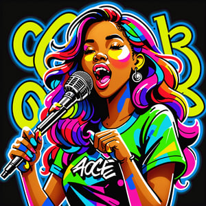 the graffiti style of cute woman age 23  singing with a microphone in her hand, ((Neon bold colorful, rich colors, high detailed, masterpiece,high quality, graffiti style)),LOGO