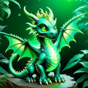 Craft an enchanting fantasy scene featuring a beautiful dark green-light green biometric dragon with glowing,  shiny biometrical features. Imagine captivating yelloweyes and impressive glass horns. Place this majestic creature in a fantasy-style background that complements its ethereal beauty,  aiming for a visually striking image with intricate details and a magical atmosphere., cute little dragon
,cute dragon,GUILD WARS