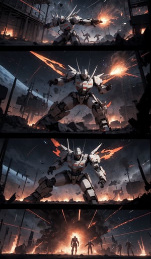 Mecha at battle in space, fire and explosions, four panel comic without text,