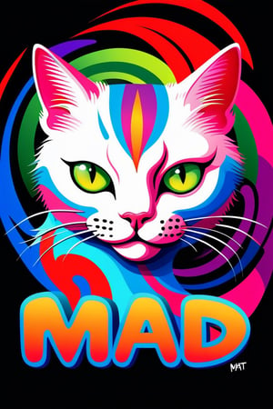 Text that reads"Mad Cat"A psychedelic illustration of a beautiful perfectly smooth pussy, vector art design, cartoon