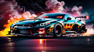 Race cars in a high speed street race (best quality,4k,8k,highres,masterpiece:1.2),ultra-detailed, ((a customized car)), ((street racer)), ((a beautiful paintjob)), ((fully detailed)), illustration, vivid colors, GTR, NSX,  Drifting, going fast, night, bright yellow headlights,setting USA Oregon's Mountain roads, No text on signs, Late night time, Set in a rain storm with lightning,1 car.,Nature, model shoot style, Fast action style, Sideways drifting in to a turn, Red and black cars, ,Movie Still,H effect,Car,sports car