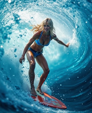 Action photography style, (((ultra photo REALISTIC))), sharp focus, extreme detail description, professional, vivid colors, bold color palette, photorealism, a sexy big breasted 24 year old woman in a blue and white 2 piece bikini, is speeding thru the pipe of a large wave gliding thru the waves tunnel like a pro on her surfboard. The surfboard is adorned with a red and white graphic, adding a pop of color to the scene. The woman's bleach blond is medium length  and light, her eyes are slightly open, as if she's smiling. The sky is a deep blue, with a few wispy clouds, and a fbig wave is all that can be seen in the background., 16K UHD resolution, this masterpiece showcases unparalleled quality, accuracy, and attention to detail, extremely high quality RAW photograph, detailed background, intricate, Exquisite details and textures, highly detailed, ultra detailed photograph, warm lighting, sharp focus, high resolution, Hyperrealism, masterpiece, accurate, super detail, best quality, award winning, highres, 16k 8k uhd, dslr, high quality,WaterElement,PT[WPM]