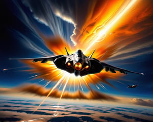 (((Single fighter jet,)))A single stealth fighter jet flies just feet above a thick cloud cover, with the sun behind it, casting a stunning yellow and orange glow over everything. The aircraft features a sleek blended wing body design, reminiscent of Lockheed and Boeing's conceptual art for fifth-generation fighters and top-secret space planes. This scene evokes elements of the B-2 bomber and advanced military drones, suggesting cutting-edge technology and futuristic warfare.

Imagined as a high-detail, hyperrealistic painting, this piece combines the artistic styles of Jason Felix, Robert Peak, and John Luke, blending the realism of a movie still with the grandeur of a masterpiece. The jet, possibly part of a secret project at Roswell Air Base or a NASA endeavor, is rendered in award-winning, super high-resolution quality, suitable for 4K, 8K, or even 16K displays.