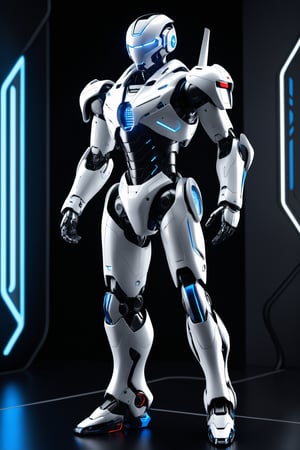 Image features a detailed illustration of a futuristic, humanoid robot with a sleek, aerodynamic design. The robot is primarily white with blue and red accents, and it has a robust, armored appearance. The main figure is shown in a standing position, with large, articulated limbs and a helmet-like head. The robot's design includes various mechanical details such as joints, panels, and vents. fullbody shot, soft textures, imaginative artwork, vibrant background, bokeh, three dimensional effect, 3d render, octane render, mix of bold dark lines and loose lines, Isometric, awesome full color, ultra detailed face, Candid photographs, {{rule of third}}, cinematic, light film, hyper detailed, hyper realistic, masterpiece, atmospheric, high resolution, 8k, HDR, 500px, long exposure:2.

