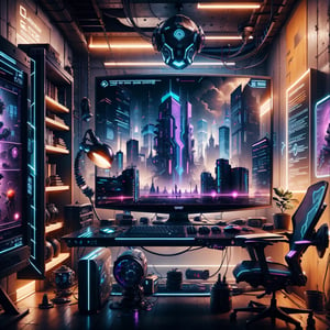 (((NO PEOPLE!!!))) pc hacker setup one big black and red desk with 8 large computer screens built in and computers on shelves , a dimly lit gaming room with multiple monitors and a gaming chair, gaming room, cyberpunk setting, dark setup, gamer themed, gaming room in 2 0 4 0, gamer aesthetic, gamer screen on metallic desk, 8 k wide shot, in a cyberpunk themed room, thicc build, purple and cyan lighting, satisfying cable management, cyberpunk vibe, Controle room style, wide angle view, modern, high detail, backlighting, glowing light, cinematic lighting, depth of field, first-person view, Ultra-Wide Angle, masterpiece, ccurate, anatomically correct, super detail, award winning, highres, 4K, 8k,C7b3rp0nkStyle,More Detail