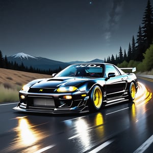 Race cars in a high speed street race (best quality,4k,8k,highres,masterpiece:1.2),ultra-detailed, ((a customized car)), ((street racer)), ((a beautiful paintjob)), ((fully detailed)), illustration, vivid colors, GTR, NSX,  Drifting, going fast, night, bright yellow headlights,setting USA Oregon's Mountain roads, No text on signs, Late night time dark skys filled with moonlight and bright stars,1 car.,Nature,modelshoot style, Fast action style, Sideways drifting in to a turn, gray and black cars,