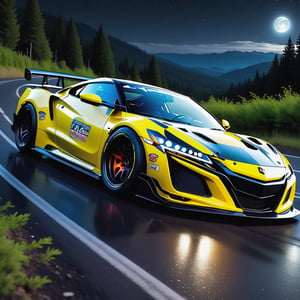 Race cars in a high speed street race (best quality,4k,8k,highres,masterpiece:1.2),ultra-detailed, ((a customized car)), ((street racer)), ((a beautiful paintjob)), ((fully detailed)), illustration, vivid colors, GTR, NSX,  Drifting, going fast, night, bright yellow headlights,setting USA Oregon's Mountain roads, No text on signs, Late night time dark skys filled with moonlight and bright stars,1 car.,Nature,modelshoot style