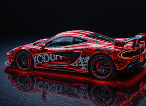 A ford gt 2017 designed by Japanese fashion designer Yohji Yamamoto, in black-and-red color palette, borrowing the punk red plaids, dots and Skewed white Text. Featuring the illustrative artwork seen in the teaser imagery, the slick Mclaren p1 features a streaked red and black wrap across the entire body, accented by stylized white Katakana and Kanji text in contrasting white. The interior is, of course, black, but it’s also surprisingly loud, with plush suede bolstered by embroidered text and more hits of red. The background is of course a Tokyo street with jet black color grading., 3d render, illustration, vibrant, photo