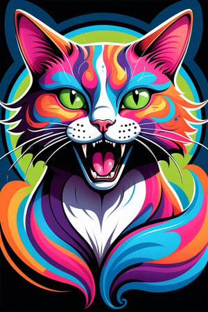 A psychedelic illustration of a"Mad Cat" beautiful perfectly smooth pussy, t-shirt design, cartoon