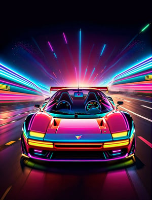 Get Ready to Shift into High Gear! 'Race On' Video Game Cover Art: A Retro Arcade Machine's Masterpiece. A neon-lit, pixel-perfect retro arcade machine hums with excitement as sleek race cars zoom past the finish line and the checkered flag waves triumphantly. The 80s-retro wave artwork pulses with energy, transporting you to an era of outrun and computer game art mastery.,c_car,H effect,Concept Cars