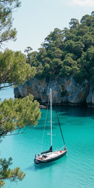 Captured from a high-angle perspective on a sunny day, a black sailboat is anchored in the middle of a body of water. The boat is adorned with a white sail, and a few people are seated on the deck. The water is a vibrant turquoise color, and the boat is floating on the surface of the water. To the left of the boat, a large tree branch is visible, adding a pop of color to the scene. In the background, a rocky cliff face is covered in lush green trees. The sky is a muted blue, with a few wispy clouds.,noc-landscape