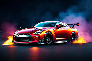 (((A photo realistic image of a Nissan GT-R Nismo 2023))), ((wide shot)) , sharp, detailed car body ,Flame Paint, detailed tires, (masterpiece, best quality, ultra-detailed, 8K), race car, street racing-inspired, Drifting inspired, LED, ((Twin headlights)), (((Bright neon color racing stripes))), (Black racing wheels), Wheel spin showing motion, Show car in motion, Burnout,  wide body kit, modified car,  racing livery, masterpiece, best quality, realistic, ultra high res, (((depth of field))), (full dual color neon lights:1.2), (hard dual color lighting:1.4), (detailed background), (masterpiece:1.2), (ultra detailed), (best quality), intricate, comprehensive cinematic, magical photography, (gradients), glossy, Fast action style, Sideways drifting in to a turns, 