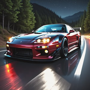 Race cars in a high speed street race (best quality,4k,8k,highres,masterpiece:1.2),ultra-detailed, ((a customized car)), ((street racer)), ((a beautiful paintjob)), ((fully detailed)), illustration, vivid colors, GTR, NSX,  Drifting, going fast, night, bright yellow headlights,setting USA Oregon's Mountain roads, No text on signs, Late night time dark skys filled with moonlight and bright stars,1 car.,Nature,modelshoot style, Fast action style, red and black cars,