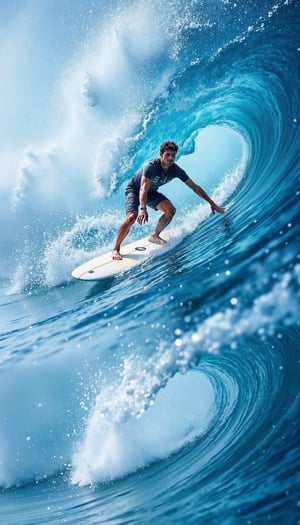  (((ultra photo REALISTIC))), sharp focus, extreme detail description, professional, vivid colors, bold color palette, photorealism, a man is surfing on a white surfboard with a black emblem on the front. He is wearing a short-sleeved shirt and black shorts. His hair is short and dark. His arms are spread out to his sides, and his legs are bent at the knees. The surfboard is positioned in front of a large wave, which is cresting the right side of the image. The wave is a deep blue, with a white foam at the top of the wave. The sky is a light blue, dotted with white clouds. In stunning 16K UHD resolution, this masterpiece showcases unparalleled quality, accuracy, and attention to detail, extremely high quality RAW photograph, detailed background, intricate, Exquisite details and textures, highly detailed, ultra detailed photograph, warm lighting, sharp focus, high resolution, Hyperrealism, masterpiece, accurate, super detail, best quality, award winning, highres, 16k 8k uhd, dslr, high quality,WaterElement