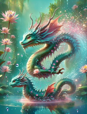 ("cute adorable water-dragon dissolving into water droplets and glitter in a magical pond, water dripping"), lotus flowers pond, light particles, cute style, surreal fairytale concept art, by loish van baarle, cyril rolando, ross tran, Alberto Seveso, Dan Mumford, Carne Griffiths, chris rallis and magali villeneuve, cute creature by mark ryden and bobby chiu, Meaningful Visual Art, Detailed Strange Painting, Digital Illustration, Unreal Engine 5, 32k maximalist, hyperdetailed fantasy art, 3d digital art, sharp focus, masterpiece, fine artm DragonConfetti2024_XL,ice and water,art_booster,real_booster