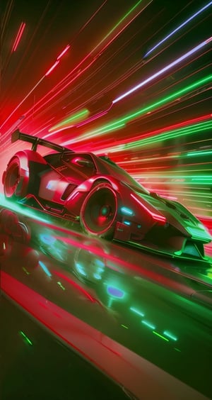 A sleek, neon-lit cyberpunk car races through a dark, rain-soaked cityscape, its glowing wheels leaving trails of light behind it. The car's body is adorned with glowing neon lights and sharp, angular lines, giving it a menacing and futuristic appearance.