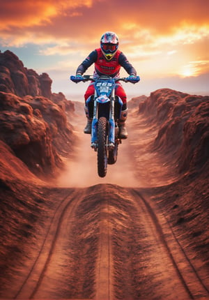 The image is a digital illustration or artwork that captures a moment of action and adventure. It features a motocross rider mid-jump, emphasizing the sport's dynamic nature. The rider's attire and the bike are detailed, suggesting a focus on realism in this stylized representation. The background landscape adds to the sense of motion and environment, likely chosen to enhance the dramatic effect of the scene. The colors are vibrant, with a warm color palette that could imply a setting sun or a stylized evening sky. Overall, the image seems to convey a sense of thrill and freedom associated with off-road motorcycling, retina, accurate, masterpiece, super detail, high details, best quality, award winning, highres, HD, 4K, 8k, 16k, retina, accurate, masterpiece, anatomically correct, textured skin, super detail, high quality, award winning, highres, 8k, 16k,High Speed,Hyperspeed,High dynamic range style,noc-landscape,magical sky