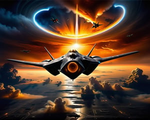 A single stealth fighter jet flies just feet above a thick cloud cover, with the sun behind it, casting a stunning yellow and orange glow over everything. The aircraft features a sleek V-wing design, reminiscent of Lockheed and Boeing's conceptual art for fifth-generation fighters and top-secret space planes. This scene evokes elements of the B-2 bomber and advanced military drones, suggesting cutting-edge technology and futuristic warfare.

Imagined as a high-detail, hyperrealistic painting, this piece combines the artistic styles of Jason Felix, Robert Peak, and John Luke, blending the realism of a movie still with the grandeur of a masterpiece. The jet, possibly part of a secret project at Roswell Air Base or a NASA endeavor, is rendered in award-winning, super high-resolution quality, suitable for 4K, 8K, or even 16K displays.