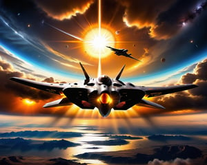 realistic, a single fighter jet flying in the sky just feet above a thick cloud cover below the the jet, sun behind in the background bathing everying in the suns color yellow and orange glow, Stelth v wing lockheed concept art, 5th gen fighter, b - 2 bomber, boeing concept art, top secret space plane, us airforce, fighter drones, military drone, by Jason Felix, roswell air base, boeing concept art painting, nasa, by Robert Peak, by John Luke, in the near future, Movie Still, masterpiece, super detail, best quality, award winning, highres, 4K, 8k, 16k