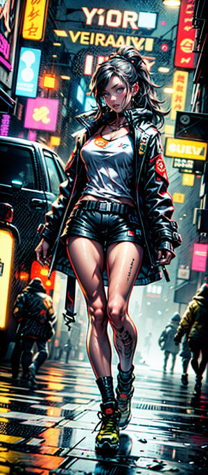 (((Fullbody view))),1 《Cyberpunk 2077》Pink long-haired girl with long katana,Wear a big red trench coat and shorts,Cyberpunk 2077,Extreme light and shadow,Aurora chase,extremelycomplicateddetails,Extremely strong reflected light,Extreme ambient light,the city that never sleeps,Analog cameras,rendering by octane,8K,CGSociety trends,Extremely complex and delicate eye structure,facing at the camera,neon light detail,globalillumination,Super delicate facial features,Cold,Very detailed pupil structure,Look back at the full body close-up。Neon scene at night,Long neon hair,（Perfect body 1.1）（Height 1.68 meters）Super realistic,The moment you sprint with a knife