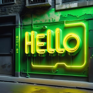 Text that reads "Hello", in green and yellow neon, street art background smily faces difrent colors cyberpunk style,
,DonM3l3m3nt4lXL