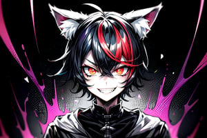 Mad Cat, 1boy ,solo male, cat ears, animal ears, Black with red highlights hair, middle hair,red eyes, glowing,glowing eyes,evil smile,crazy smile,(abstract art:1.3,psychedelia theme:1.2)