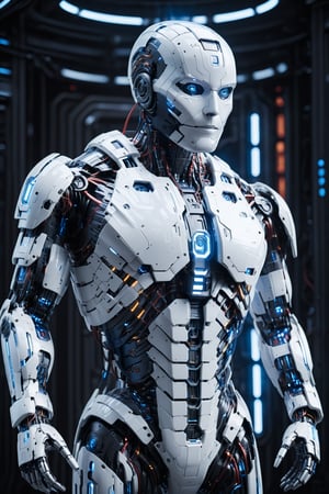 Image features a detailed illustration of a futuristic, humanoid robot with a sleek, aerodynamic design. The robot is primarily white with blue and red accents, and it has a robust, armored appearance. The main figure is shown in a standing position, with large, articulated limbs and a helmet-like head. The robot's design includes various mechanical details such as joints, panels, and vents. fullbody shot, soft textures, imaginative artwork, vibrant background, bokeh, three dimensional effect, 3d render, octane render, mix of bold dark lines and loose lines, Isometric, awesome full color, ultra detailed face, Candid photographs, {{rule of third}}, cinematic, light film, hyper detailed, hyper realistic, masterpiece, atmospheric, high resolution, 8k, HDR, 500px, long exposure:2.

