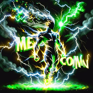 Text that reads "MeWE.com " in yellow, black,metallic,white, green, neon, sparkles,smoke,planet
,composed of elements of lightning Electricity,DonM3l3m3nt4lXL