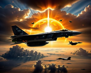 (((Single stelth fighter jet))), (((A single stealth fighter jet flies just feet above a thick cloud cover, with the sun behind it, casting a stunning yellow and orange glow over everything))), The aircraft features a sleek blended wing body design, reminiscent of Lockheed and Boeing's conceptual art for fifth-generation fighters and top-secret space planes. This scene evokes elements of the B-2 bomber and advanced military drones, suggesting cutting-edge technology and futuristic warfare.

Imagined as a high-detail, hyperrealistic painting, this piece combines the artistic styles of Jason Felix, Robert Peak, and John Luke, blending the realism of a movie still with the grandeur of a masterpiece. The jet, possibly part of a secret project at Roswell Air Base or a NASA endeavor, is rendered in award-winning, super high-resolution quality, suitable for 4K, 8K, or even 16K displays.