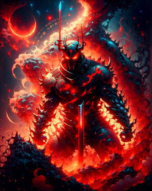 fantasy00d,r1gedemon with red glowing eyes wearing an ancient japanese shogun armor with helmet standing in a battle stance ready to draw its blade,DonMC0sm1cW3b
